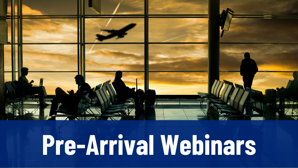 Pre-Arrival Webinars Button with image of airport interior with people's silhouettes against backdrop of sky with planes taking off